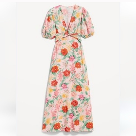 Old Navy Floral Linen Blend Twist Front Midi Dress with Puff Sleeves - Picture 2 of 15